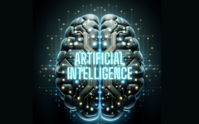 An AI brain graphic on a black background with the words artificial intelligence in florescent blue int he middle of the brain