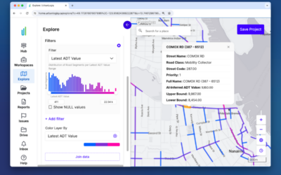 urbanlogiq platform image - road segments in blue, pink and purple on the right and a graph on the left with the user tool bar