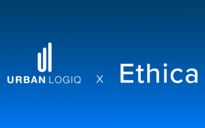 blue background. On the right white urbanlogiq logo and x in the middle and word ethica to the left