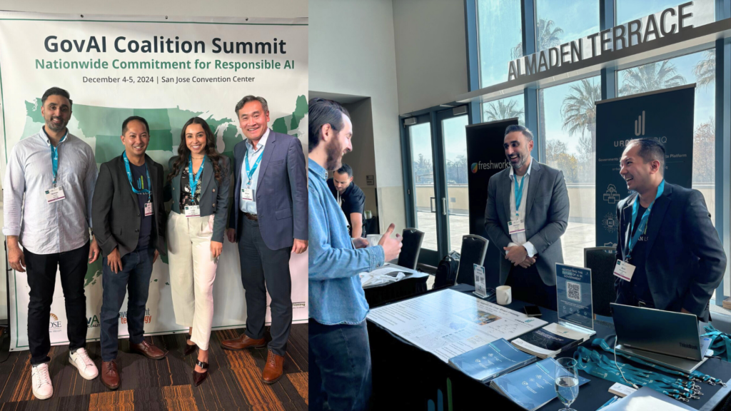 team members infront of a banner that reads gov ai coalition summit and to the right of the image two men talking to another one at a exhibit booth at the conference